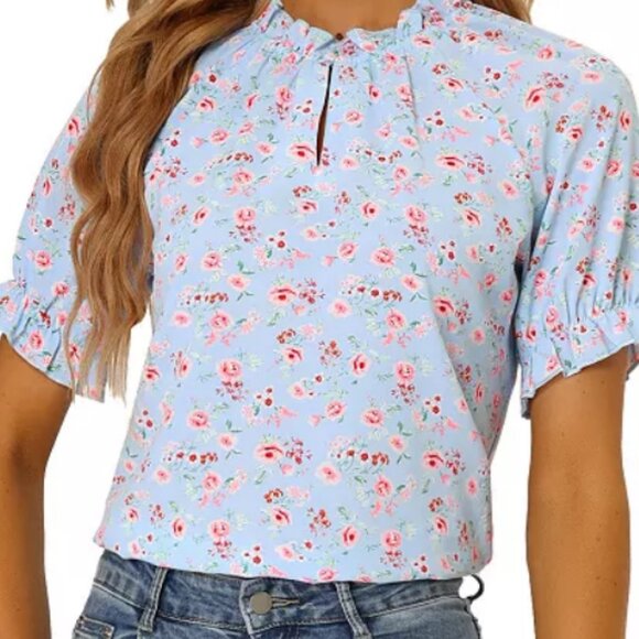 Women's Floral Ruffled Short Sleeve Ruffle Neck Casual Blouse - Medium - Picture 1 of 9